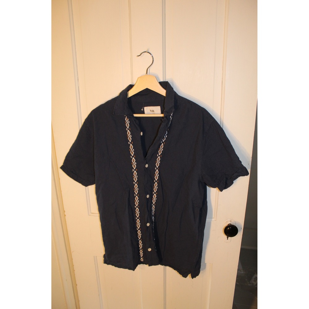 Folk Mens Shirt Size L‎ Blue Short Sleeve Button Up Casual